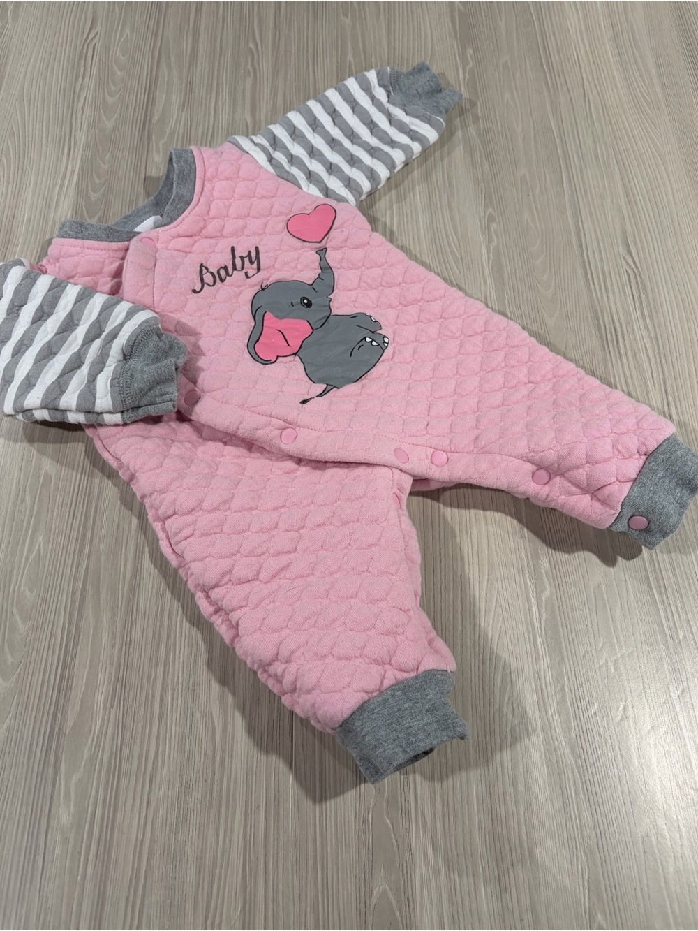7/$20 Pink Quilted Baby Romper with Elephant Graphic Snap Enclosure